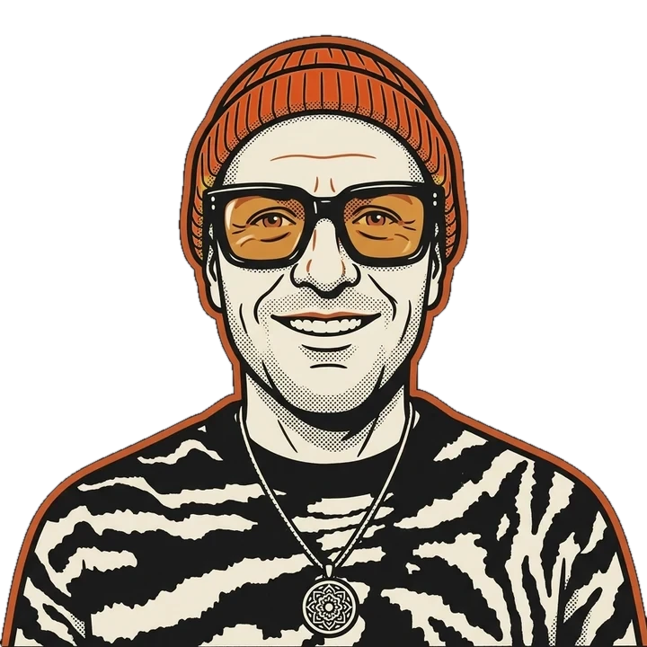 Illustrated portrait of Steve Rude in an orange beanie and amber glasses